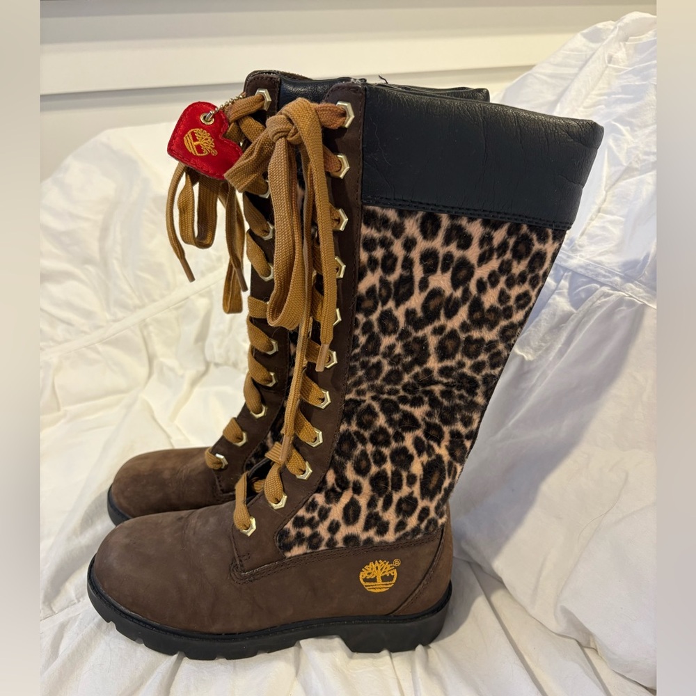 Timberland Leopard Tall Lace Up Boots Girls 13 Y2K Moto Combat